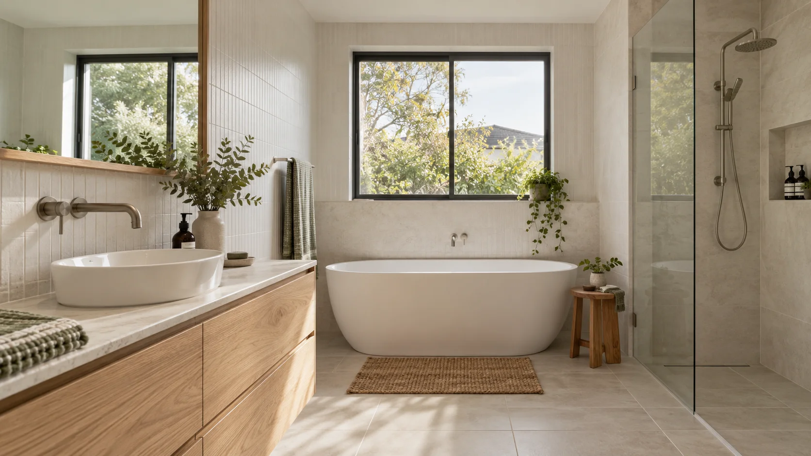 Design study of a light contemporary bathroom with brushed nickel tapware and textured tiles