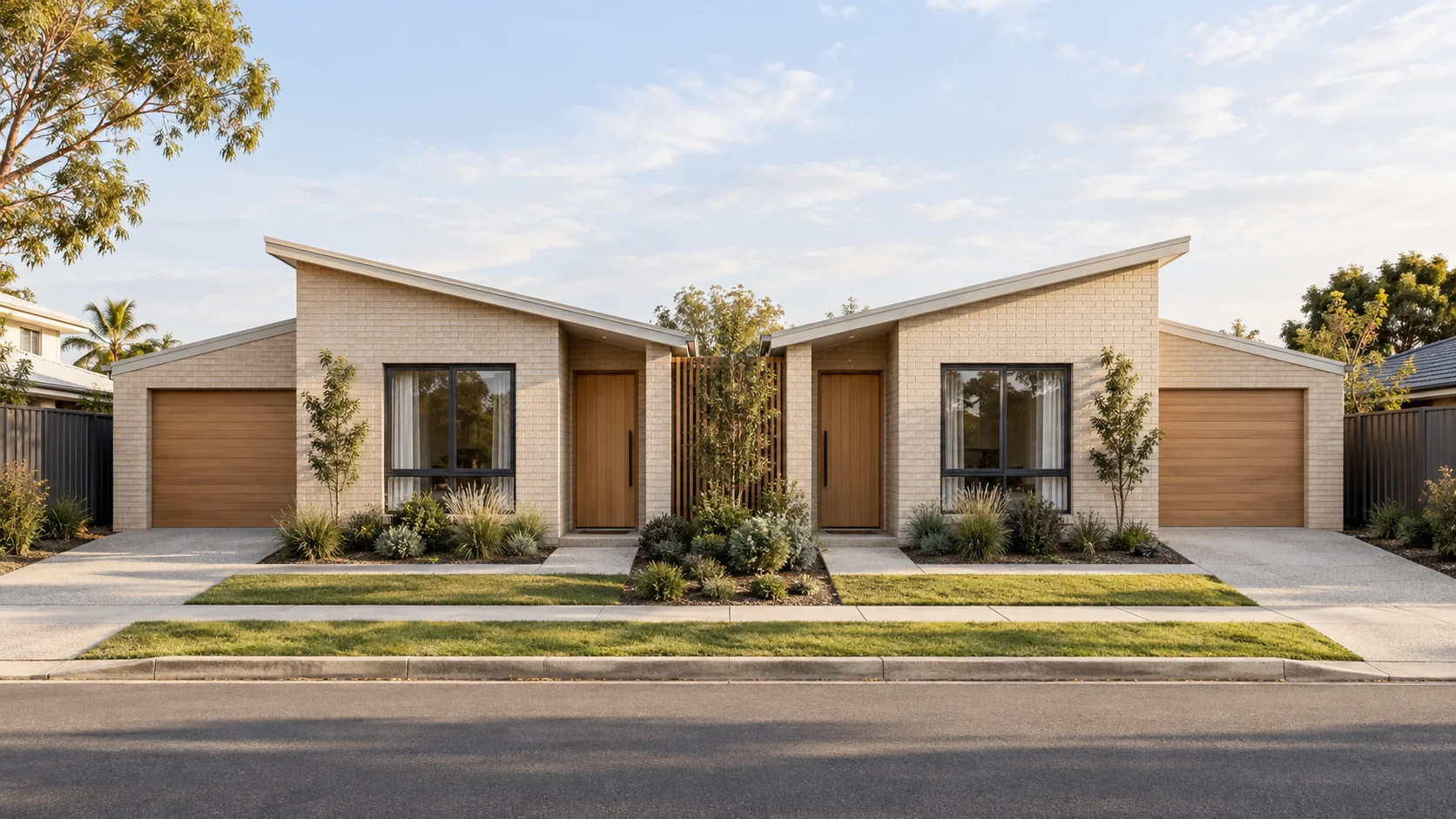 Design study of an attainable contemporary suburban duplex with pale brick and timber